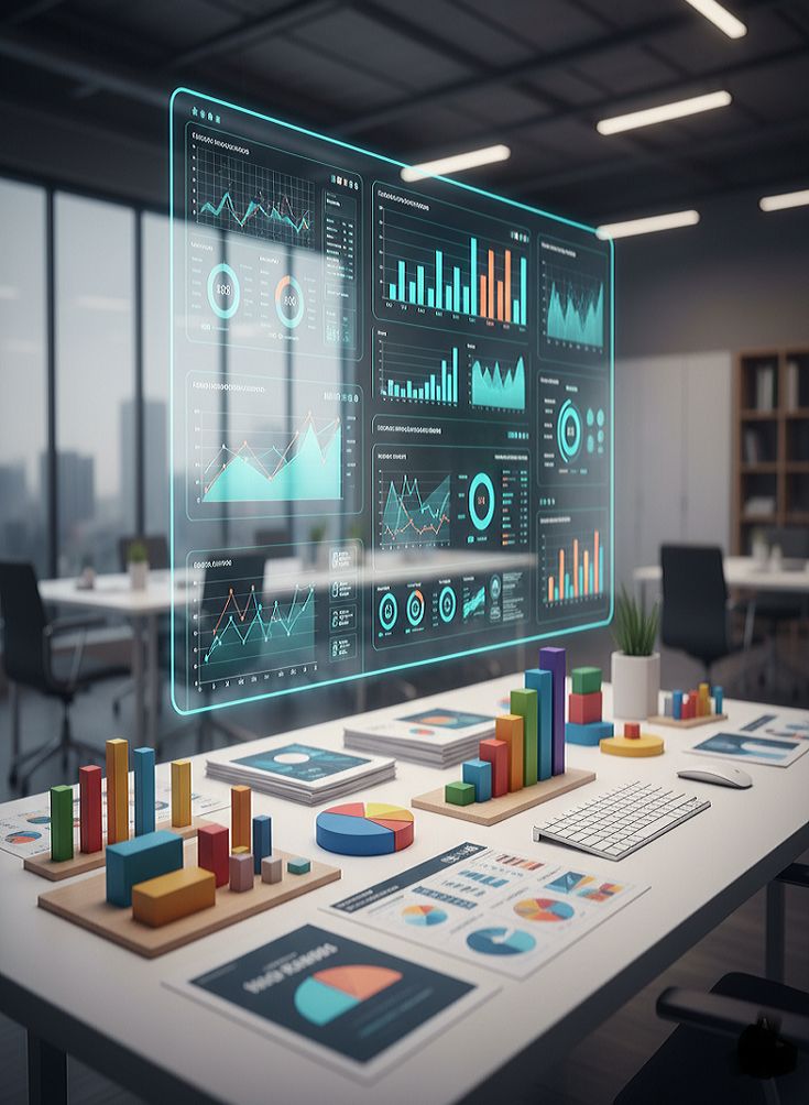 Illustration of financial analytics dashboards and data visualisations